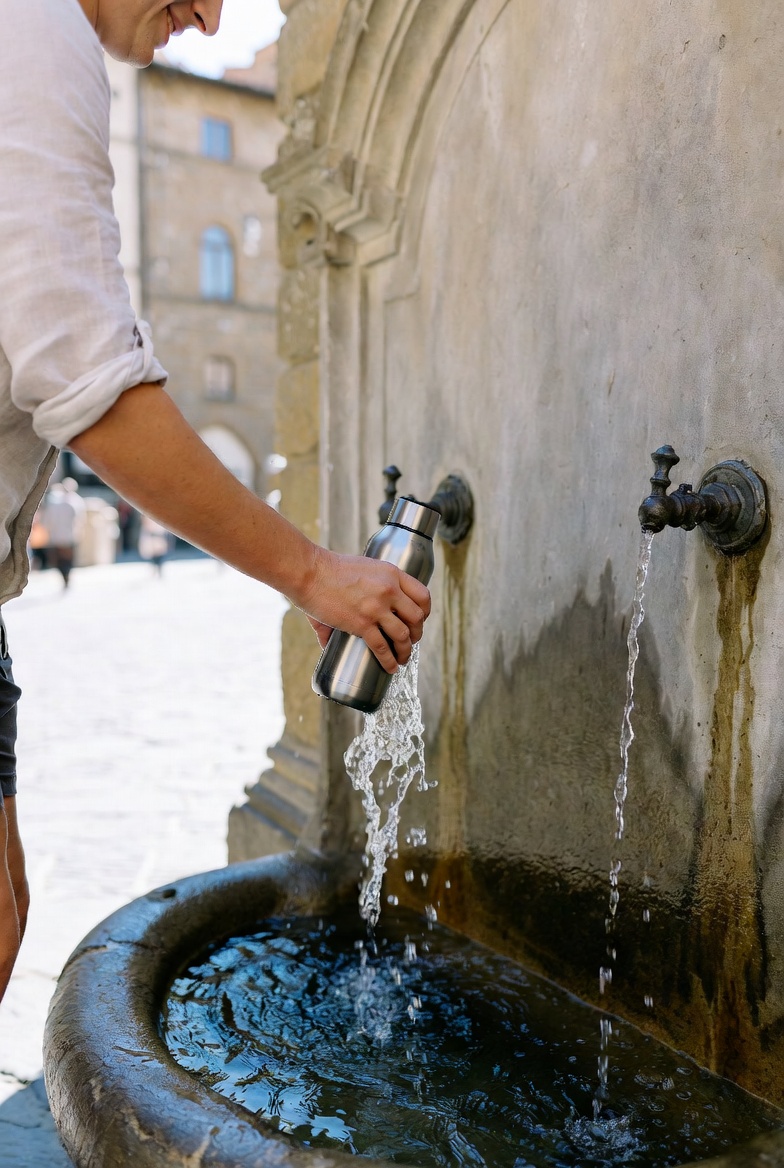 Traveller refilling water bottle at fontanello