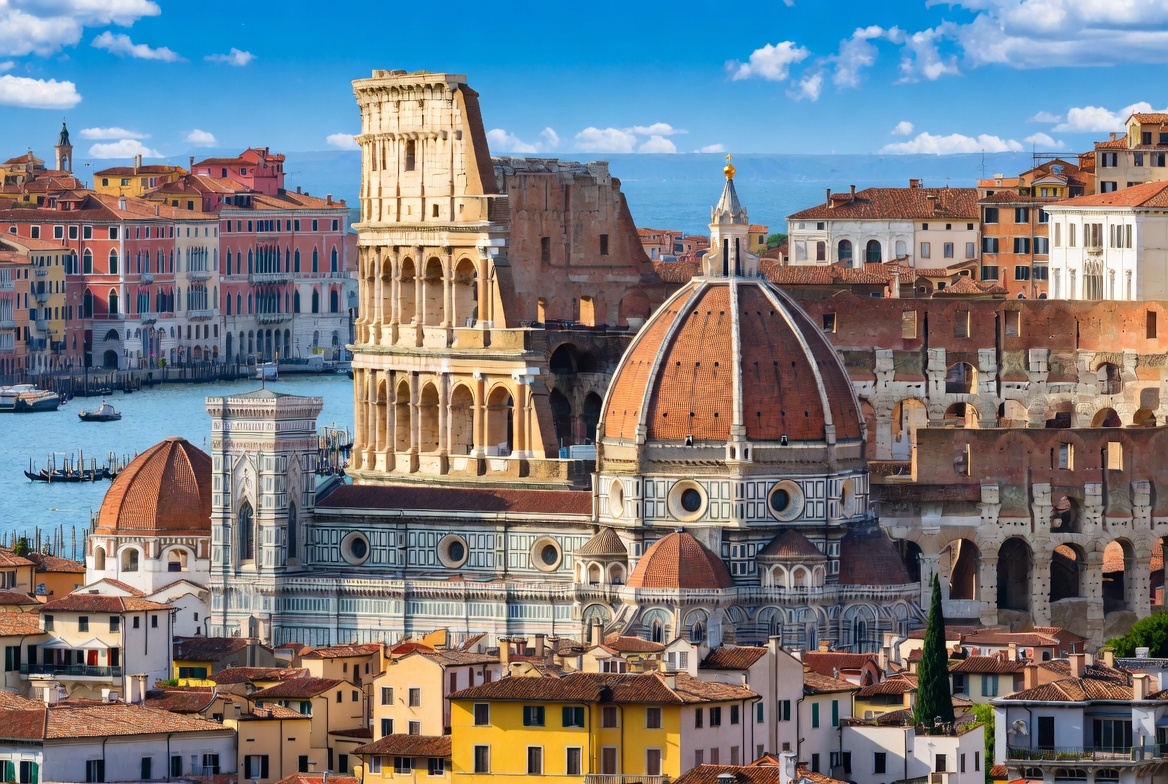 Travel planning scene for an Italy itinerary across Florence, Rome and Venice