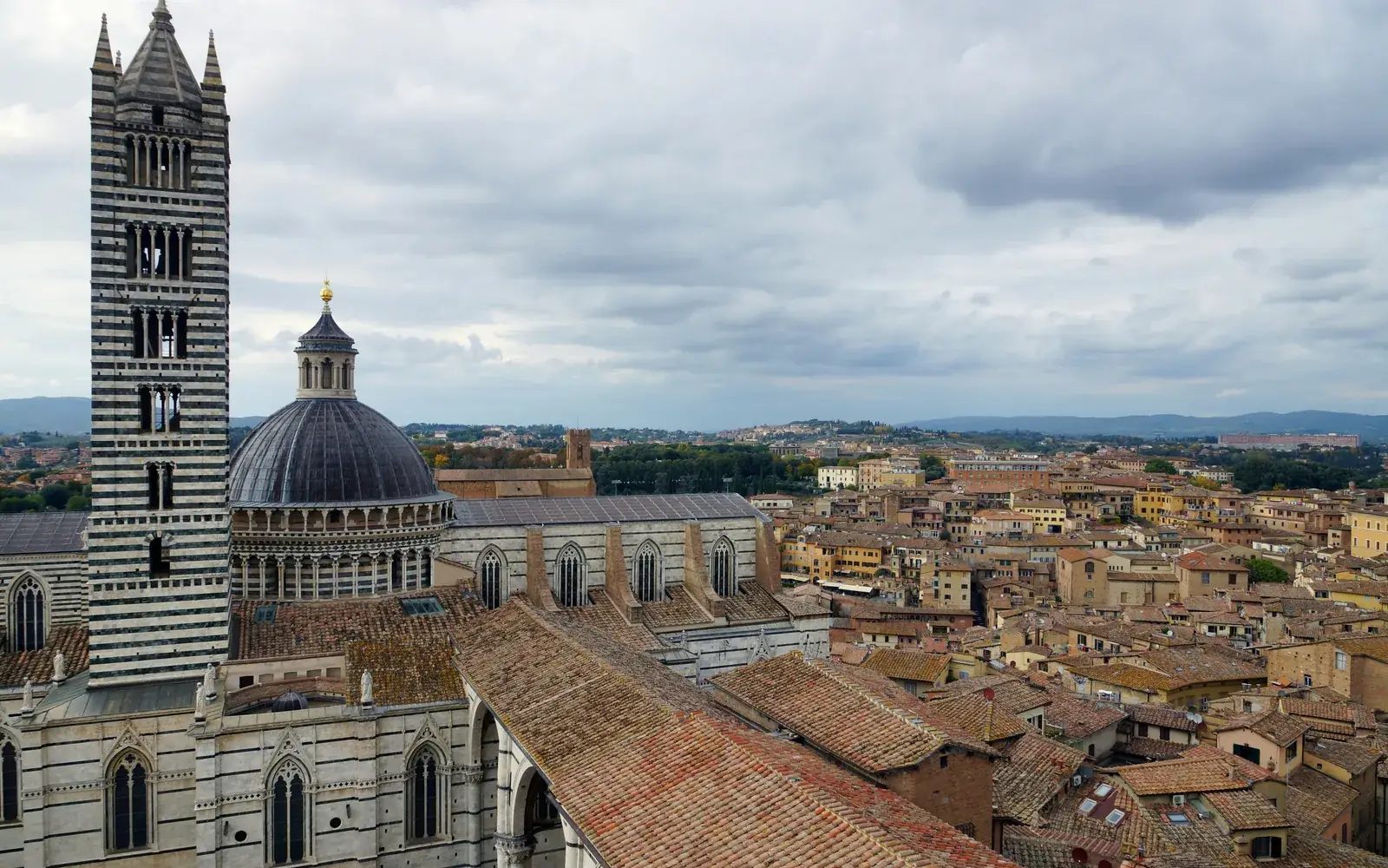 Panoramic view of Siena's medieval rooftops and skyline in Tuscany