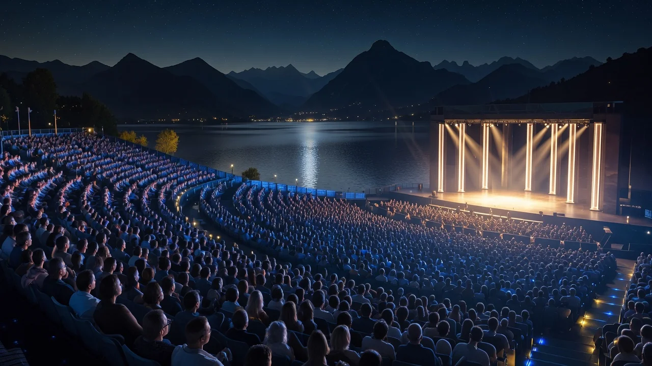 Wide night shot of Gran Teatro all’Aperto Giacomo Puccini with Lake Massaciuccoli reflection