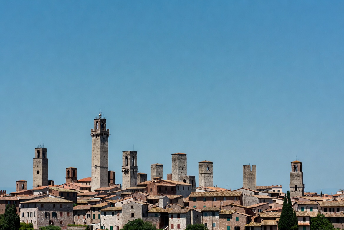 The medieval towers of San Gimignano above the town’s rooftops