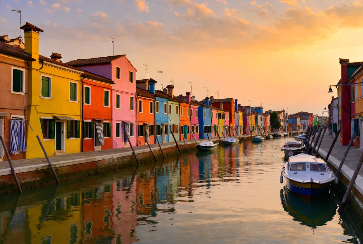 Colourful waterfront houses on the island of Burano in the Venetian lagoon