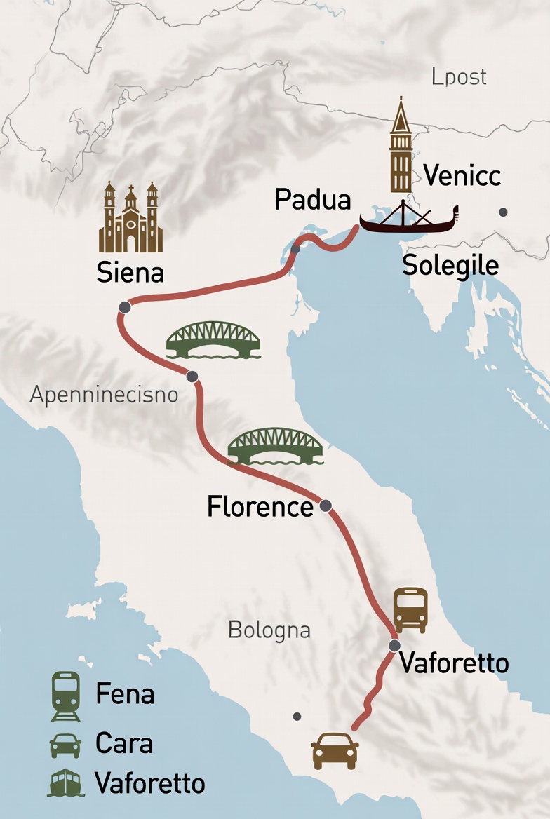 Map of Tuscany to Venice train route